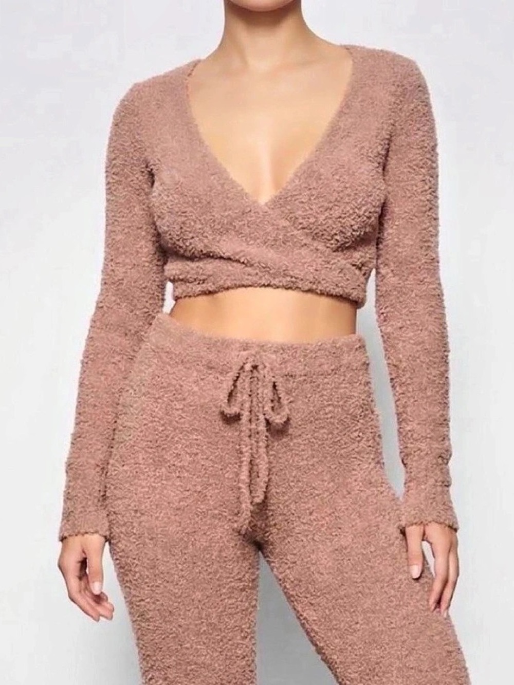 Skims Plush Wrap Crop Top (S/M) & Wide Leg Pants Size (L/XL) Dusty Rose